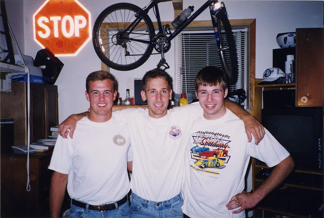 Steve as a student with two friends in a college house